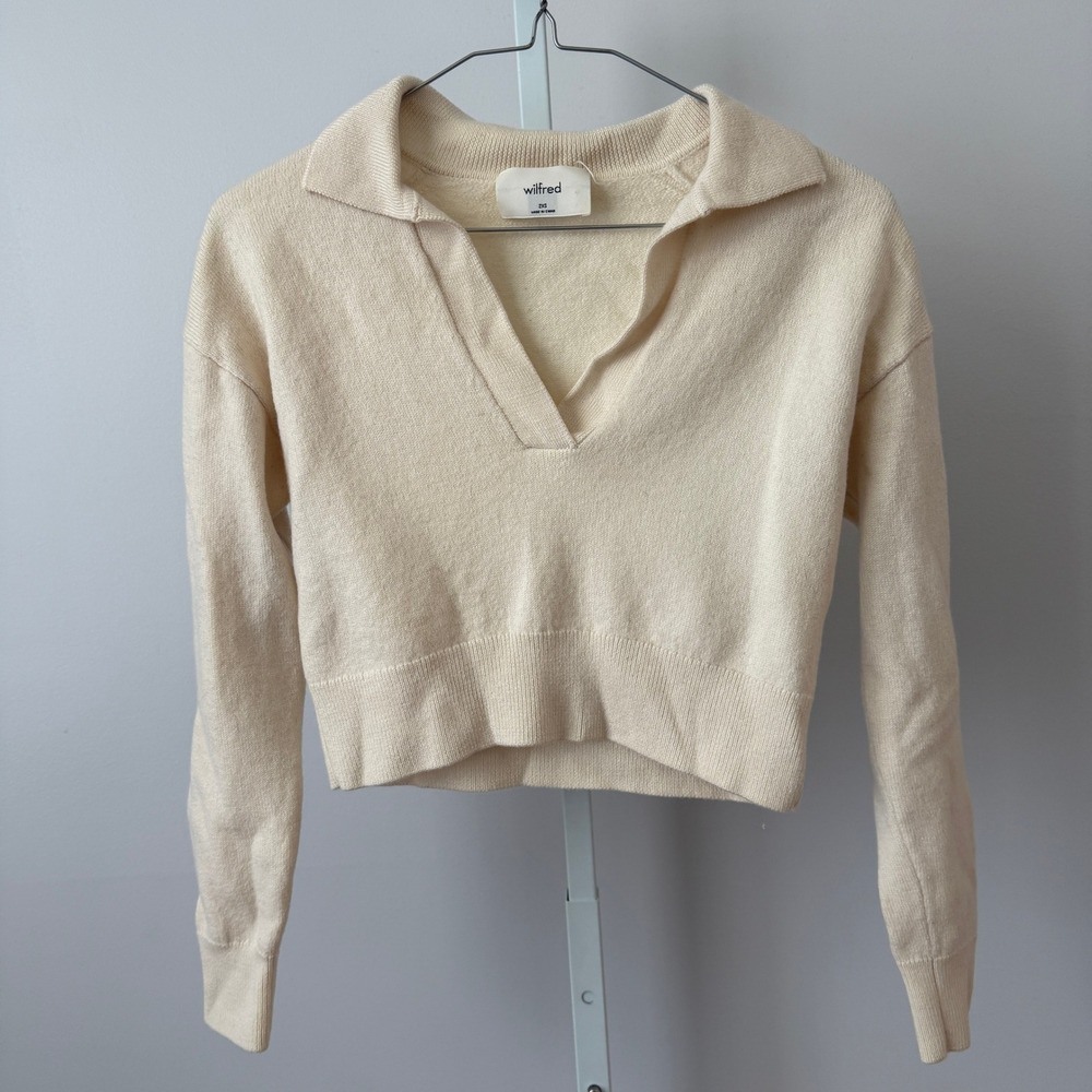 Wilfred Aritzia sz XXS 100% Merino Wool Cropped Polo Sweater Cream Preppy
